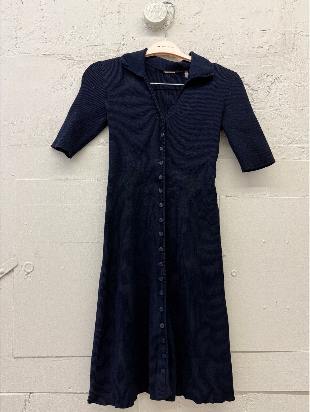 Elie Tahari Navy Blue Ribbed Knit v-neck Button-Down Dress